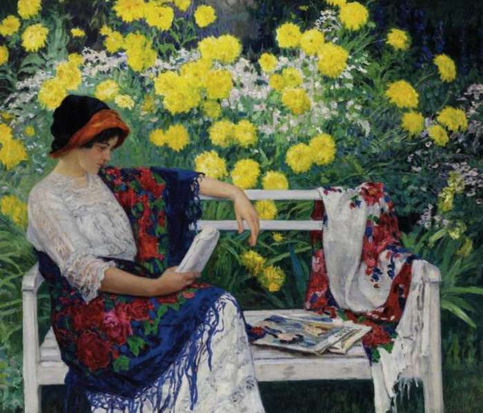Reading in the garden. 1915 135x156.5 - Богданов-Бельский Николай Петрович
