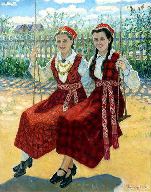 Two Girls On A Swing, 1940 85.5x70 - Богданов-Бельский Николай Петрович