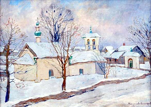 Winter landscape with a church. Oil on canvas. 51,9x69,5 - Богданов-Бельский Николай Петрович