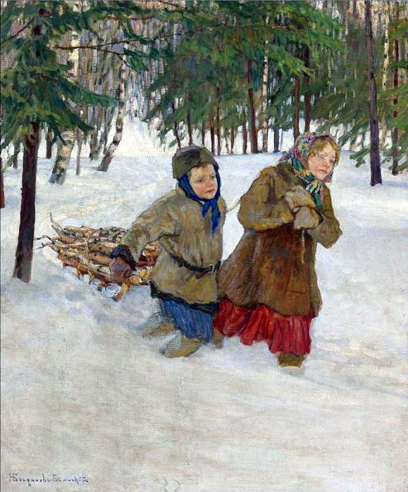 Дети везут дрова зимой по снегу. Холст, масло 80.5x68.5 - Богданов-Бельский Николай Петрович