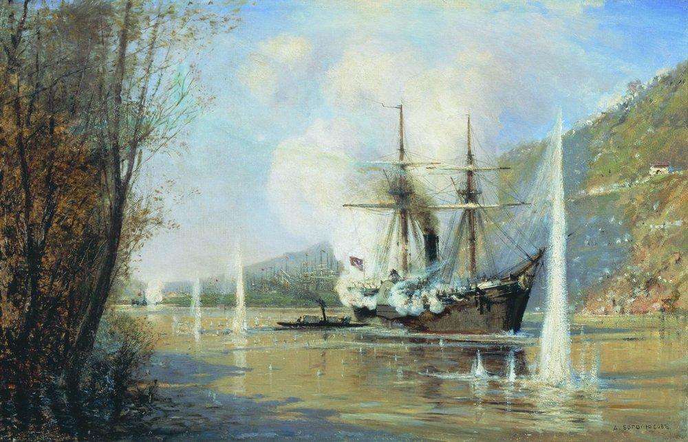 Атака турецкого парохода миноносной лодкой Шутка 16 июня 1877 года. Не ранее 1881 - Боголюбов Алексей Петрович