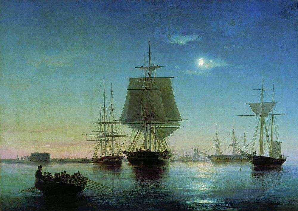 Кронштадтский рейд с кораблями вечером. 1855 - Боголюбов Алексей Петрович