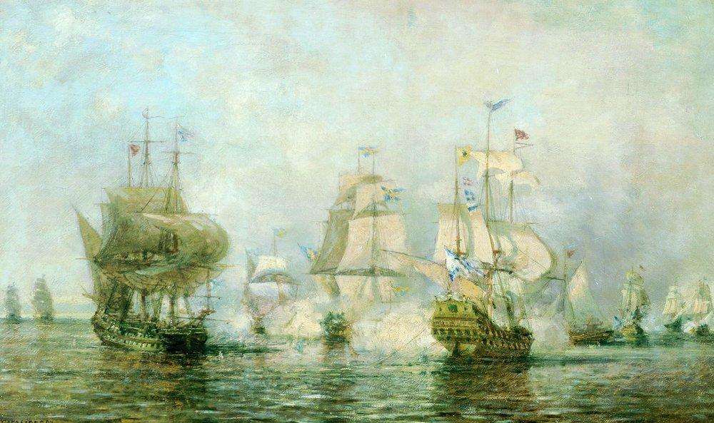 Первое сражение русского корабельного флота под командой Сенявина около острова Эзель со шведским флотом 24 мая 1719 года. 1866 - Боголюбов Алексей Петрович