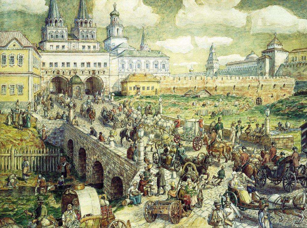 Уличное движение на Воскресенском мосту в XVIII веке. 1926 - Васнецов Аполлинарий Михайлович
