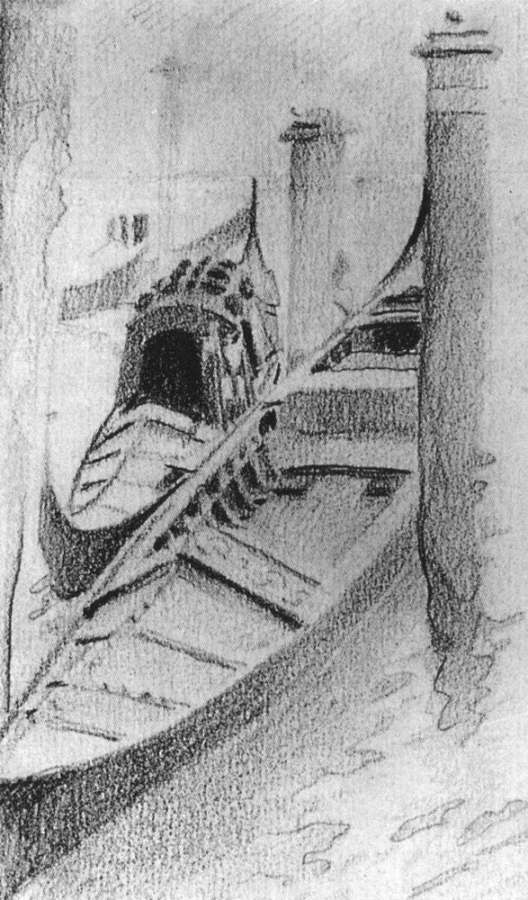 Две гондолы на причале. Вид из окна мастерской М.А.Врубеля в Венеции. 1885 - Врубель Михаил 
