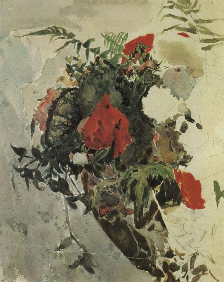 Красные цветы и листья бегонии корзине. 1886-1887 - Врубель Михаил 