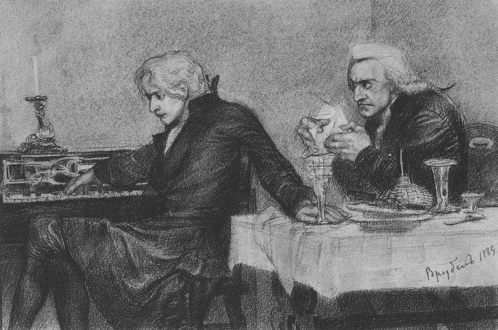 Сальери всыпает яд в бокал Моцарта. 1884 - Врубель Михаил 
