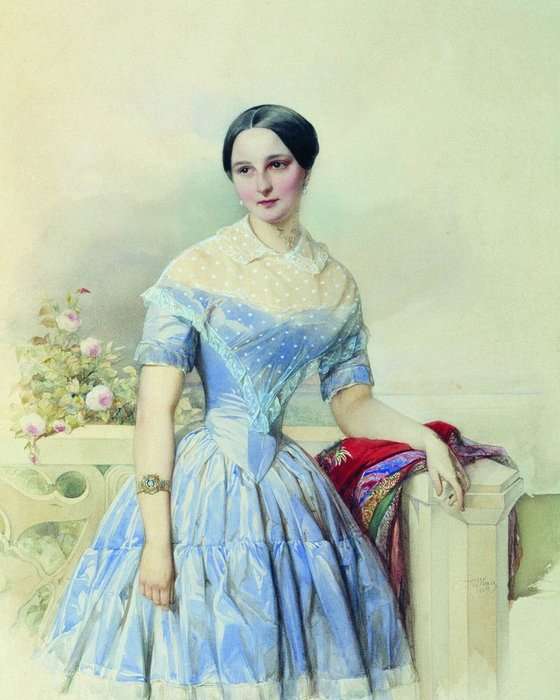 Портрет неизвестной дамы в голубом платье и с красной шалью,1847г. - Гау Владимир Иванович