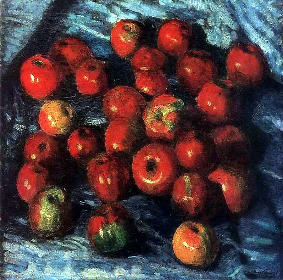 1920 Красные яблоки на синей скатерти. Х.,м. 82x82 ЧС - Грабарь Игорь Эммануилович