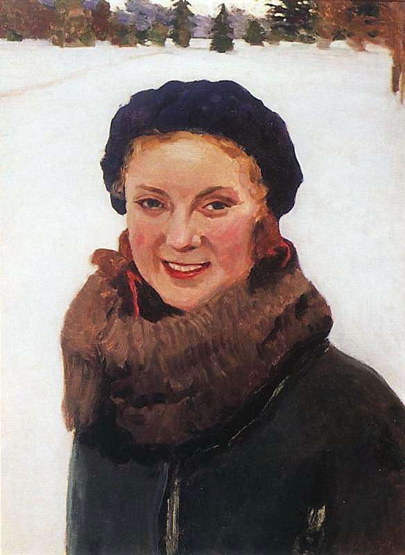 1934 Зимой. Портрет О.И.Грабарь, дочери художника. Х., м., 48х62 ГТГ - Грабарь Игорь Эммануилович