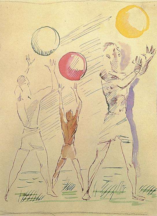1928 Три мужские фигуры с мячами. Б., акв., перо. 22,7x17 ССх - Дейнека Александр Александрович