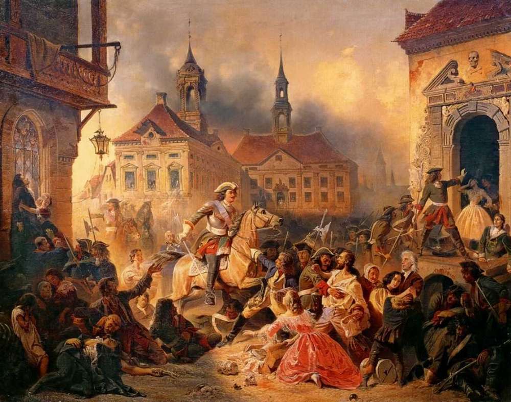 Петр I усмиряет ожесточенных солдат при взятии Нарвы в 1704 году. 1859  - Зауервейд Николай Александрович