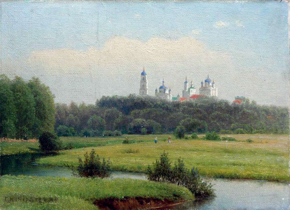 Летний пейзаж. Вид на монастырь. 1880-е Холст на картоне, масло ЧС - Кондратенко Гавриил Павлович