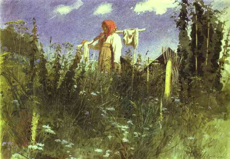 Девочка с бельем на коромысле среди травы. 1874 - Крамской Иван Николаевич