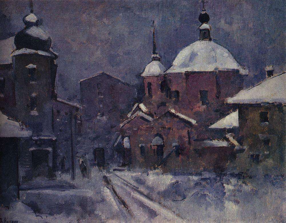 Городской пейзаж с розовой церковью. Сумерки. 1924 - Куприн Александр Васильевич