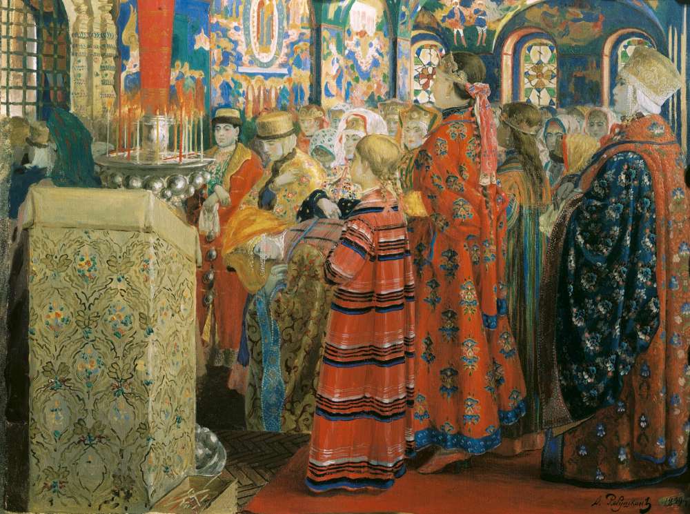 Русские женщины XVII столетия в церкви. 1899. Холст, масло. 54х69 см - Рябушкин Андрей Петрович