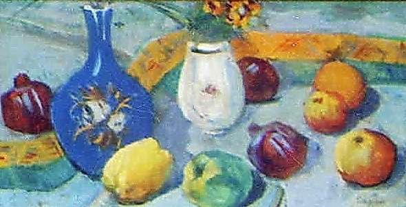 1913 Still Life with Jug and Fruit. Tempera on cardboard. 27.5x51 -   