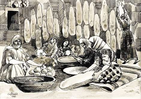 1929 Illustration. Scenes from Armenian life. Making bread. -   