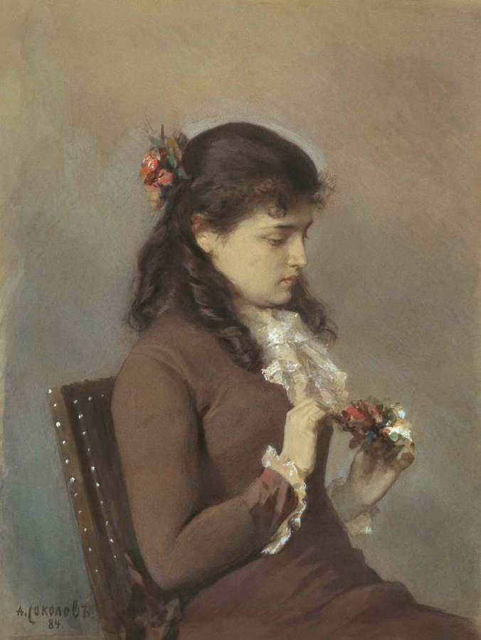 Портрет дочки художника с цветами. 1884  - Соколов Александр Петрович