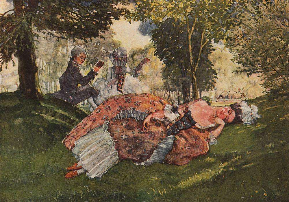 Заснувшая на траве молодая женщина. 1913 - Сомов Константин Андреевич
