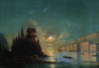 Вид приморского города вечером с зажженным маяком. 1870-е - Айвазовский