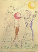 1928 Три мужские фигуры с мячами. Б., акв., перо. 22,7x17 ССх - Дейнека
