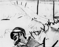 1934 Мертвый солдат на фоне разбитых заграждений. Илл. к кн. Анри Барбюса «В огне». Б., бел., тушь. 27,2х35 Курск - Дейнека