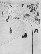 1935 Американские дороги. Б., цв. карандаши. 28х21,5 Ссх - Дейнека