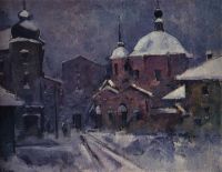 Городской пейзаж с розовой церковью. Сумерки. 1924 - Куприн