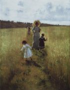 На меже. В.А.Репина с детьми идет по меже. 1879 - Репин