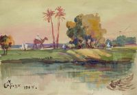 1924 Восточный пейзаж с рекой и путником. Бум.,гуашь. 14х19,5 - Сарьян