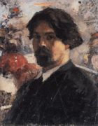 Автопортрет на фоне картины Покорение Сибири Ермаком. 1894 - Суриков