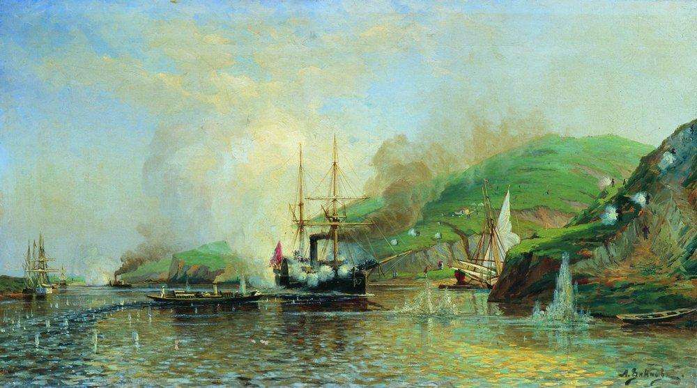 Атака катера Шутка турецкого парохода на Дунае 14 мая 1877 года. 1882 - Боголюбов Алексей Петрович
