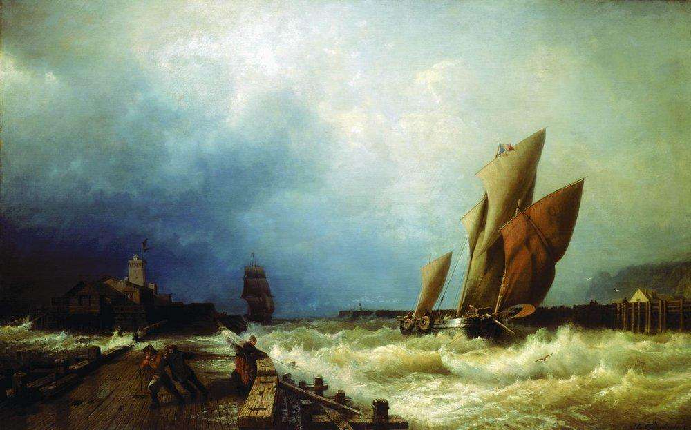 Вход рыбачьего судна в бурю в гавань Сен-Валери в Ко (Франция). Около 1859 - Боголюбов Алексей Петрович